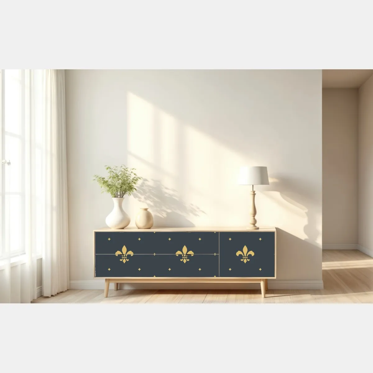 Naklejka repozycjonowalna złoty wzór lilii na ciemnym tle – Wallissimo® Naklejka repozycjonowalna złoty wzór lilii na ciemnym tle – Wallissimo®