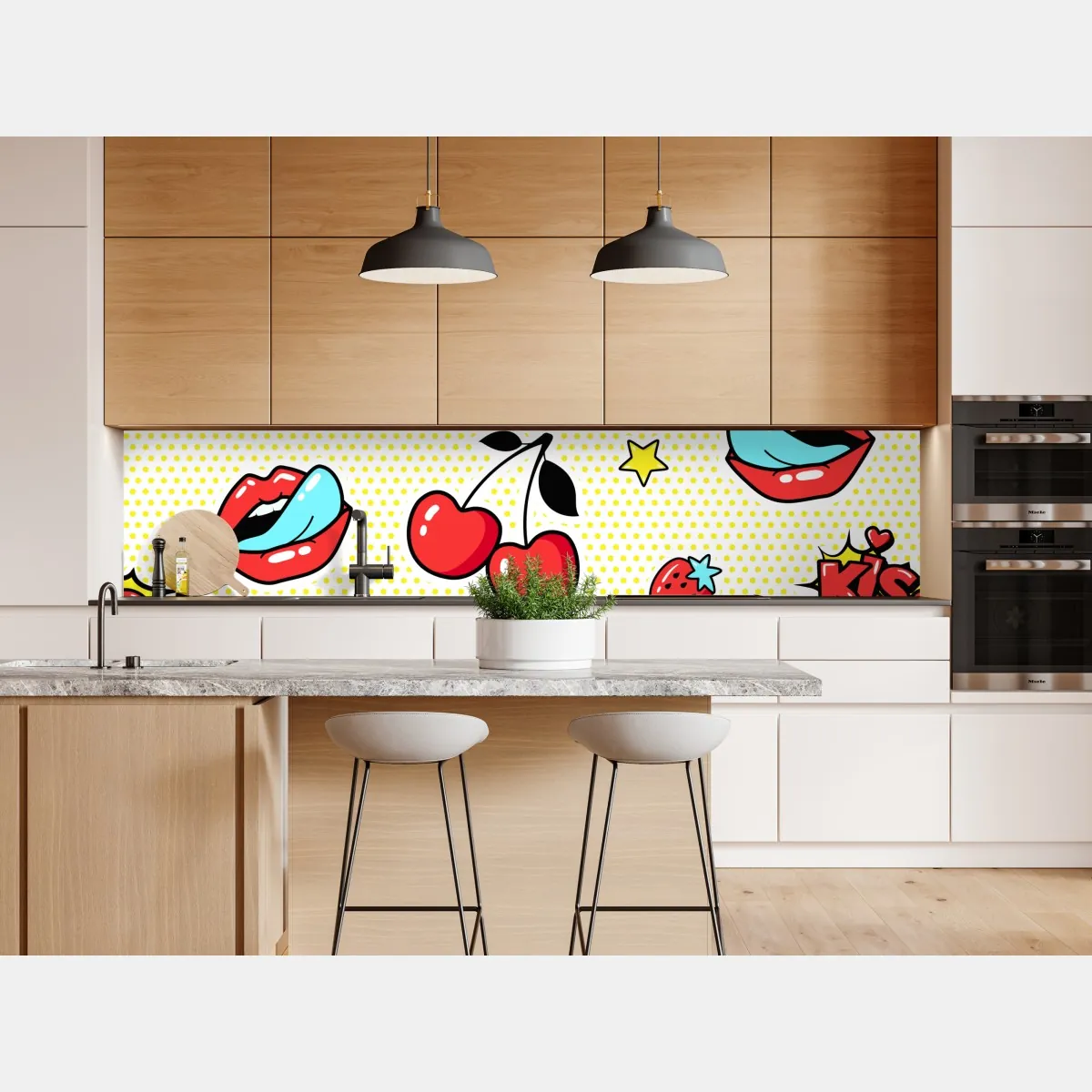 Naklejka repozycjonowalna zabawny pop art wzór z wisienkami i całusem – Wallissimo® Naklejka repozycjonowalna zabawny pop art wzór z wisienkami i całusem – Wallissimo®