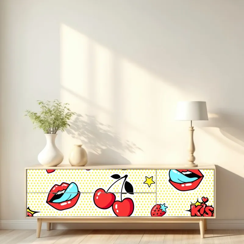 Naklejka repozycjonowalna zabawny pop art wzór z wisienkami i całusem – Wallissimo® Naklejka repozycjonowalna zabawny pop art wzór z wisienkami i całusem – Wallissimo®