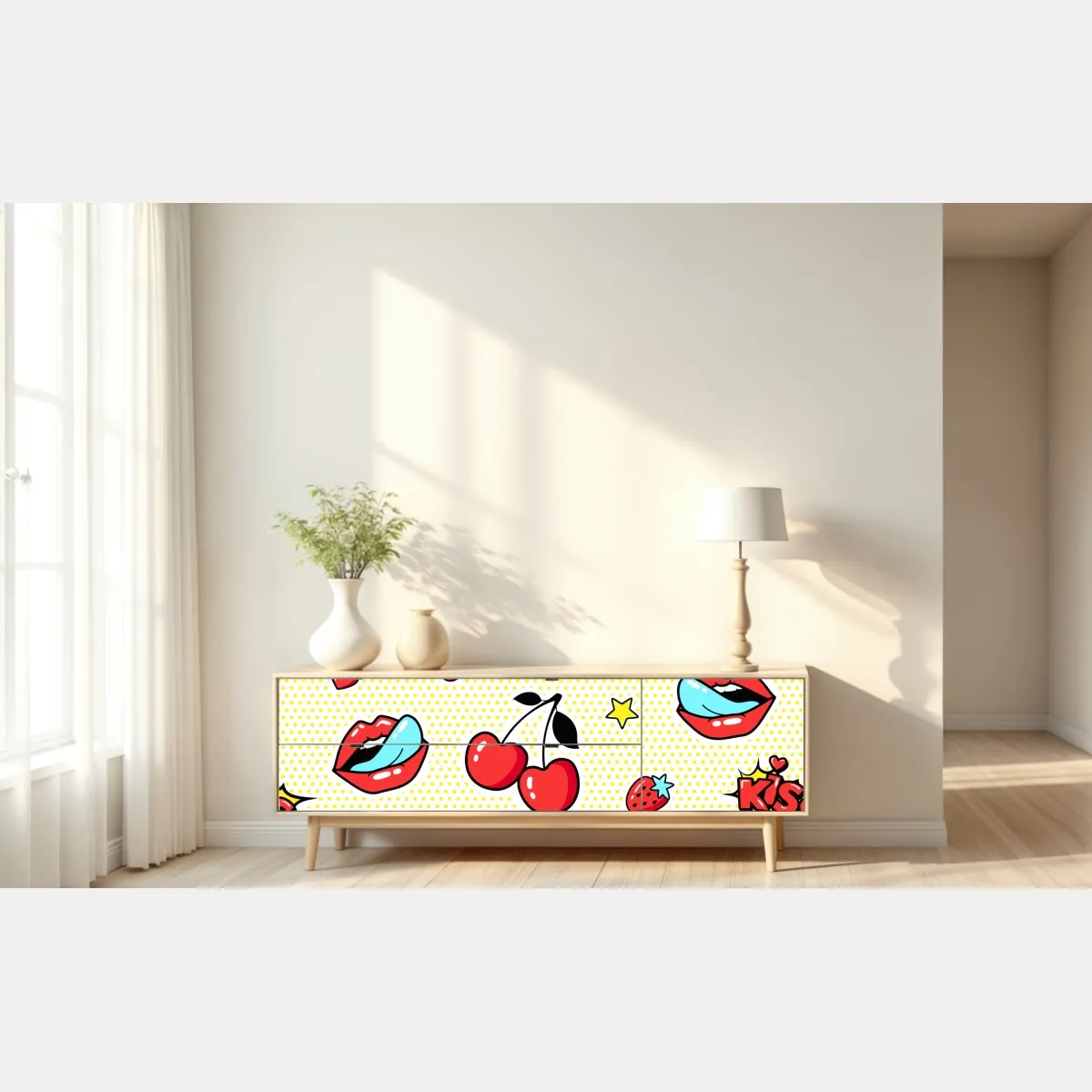 Naklejka repozycjonowalna zabawny pop art wzór z wisienkami i całusem – Wallissimo® Naklejka repozycjonowalna zabawny pop art wzór z wisienkami i całusem – Wallissimo®