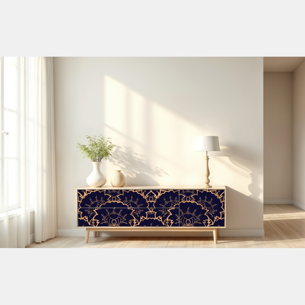 Naklejka repozycjonowalna luksusowy złoty wzór kwiatowy na granacie – Wallissimo® Naklejka repozycjonowalna luksusowy złoty wzór kwiatowy na granacie – Wallissimo®