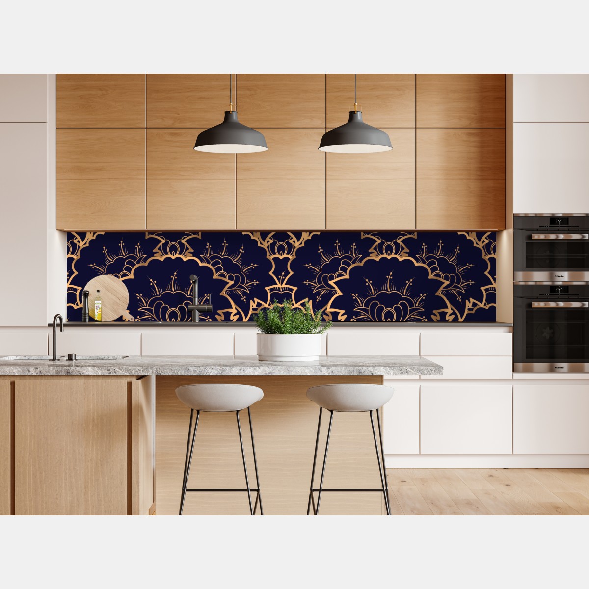 Naklejka repozycjonowalna luksusowy złoty wzór kwiatowy na granacie – Wallissimo® Naklejka repozycjonowalna luksusowy złoty wzór kwiatowy na granacie – Wallissimo®