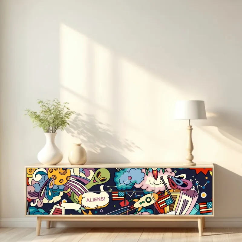 Naklejka repozycjonowalna kolorowy kosmiczny kolaż – Wallissimo® Naklejka repozycjonowalna kolorowy kosmiczny kolaż – Wallissimo®