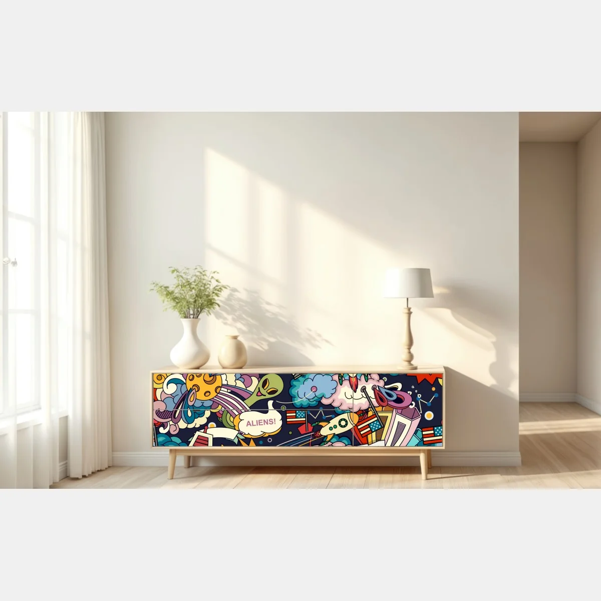 Naklejka repozycjonowalna kolorowy kosmiczny kolaż – Wallissimo® Naklejka repozycjonowalna kolorowy kosmiczny kolaż – Wallissimo®