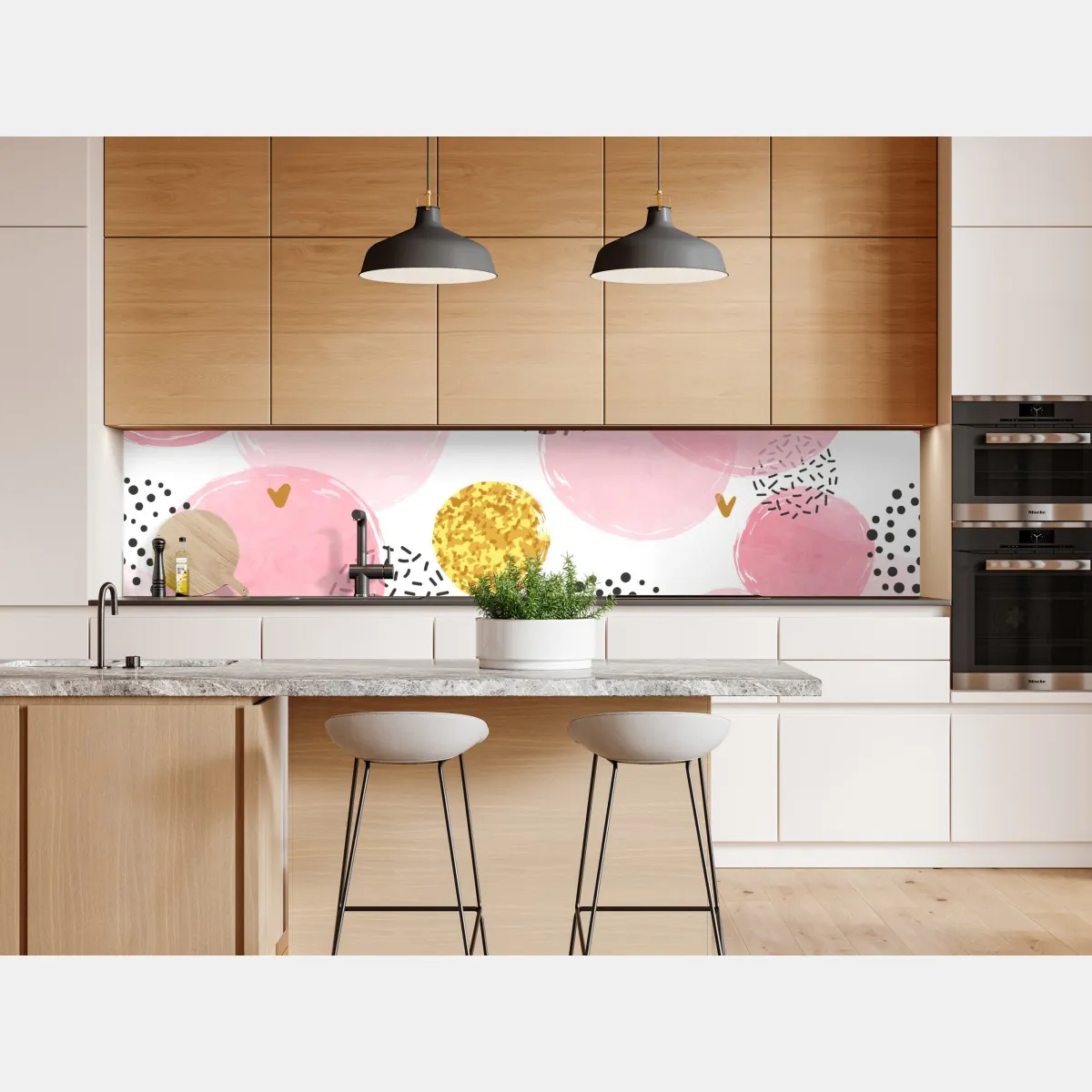 Naklejka repozycjonowalna różowy akwarelowy wzór z okręgami i złotymi akcentami – Wallissimo® Naklejka repozycjonowalna różowy akwarelowy wzór z okręgami i złotymi akcentami – Wallissimo®