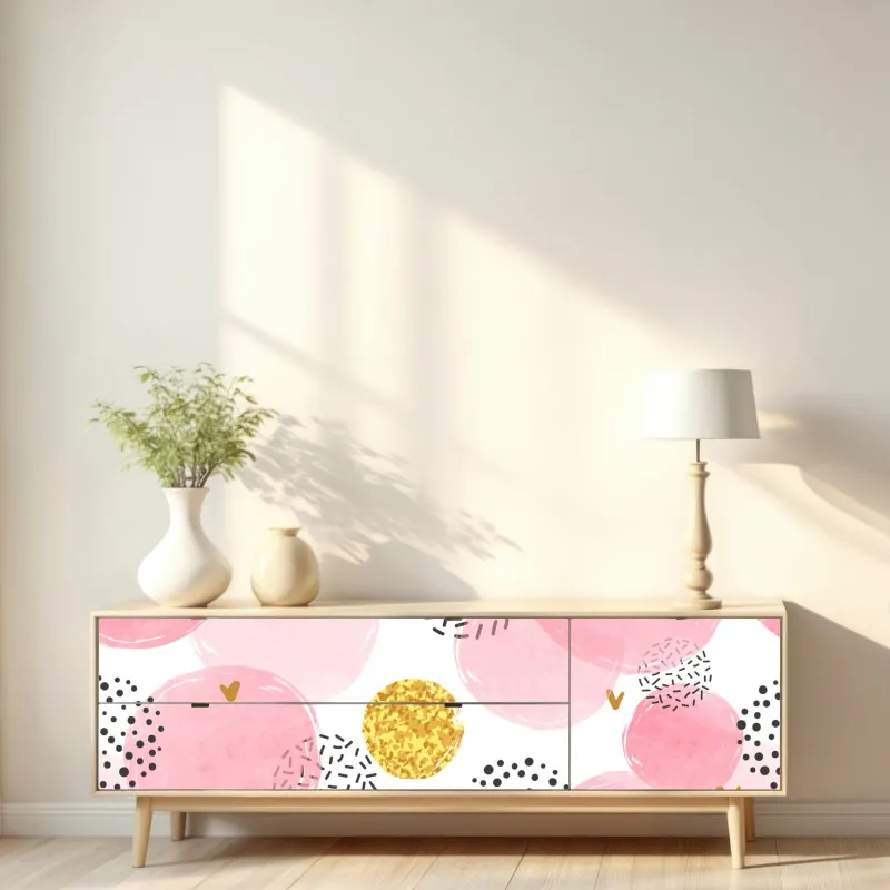 Naklejka repozycjonowalna różowy akwarelowy wzór z okręgami i złotymi akcentami – Wallissimo® Naklejka repozycjonowalna różowy akwarelowy wzór z okręgami i złotymi akcentami – Wallissimo®