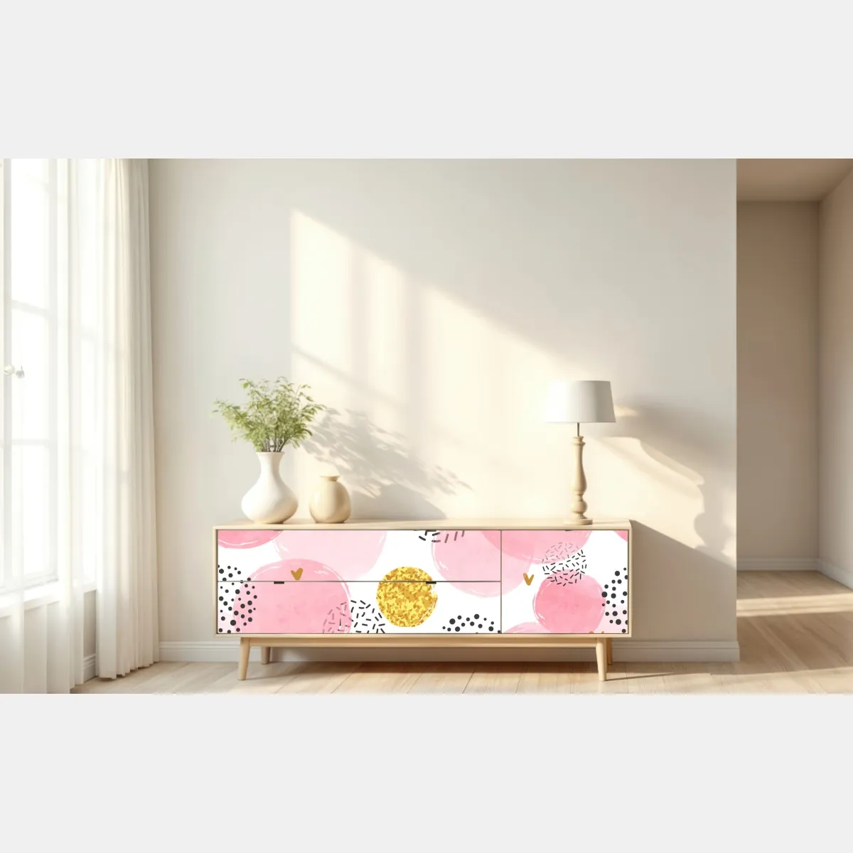 Naklejka repozycjonowalna różowy akwarelowy wzór z okręgami i złotymi akcentami – Wallissimo® Naklejka repozycjonowalna różowy akwarelowy wzór z okręgami i złotymi akcentami – Wallissimo®