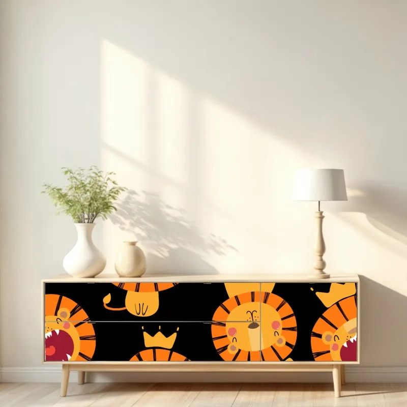 Naklejka repozycjonowalna wesoły wzór lwów na czarnym tle – Wallissimo® Naklejka repozycjonowalna wesoły wzór lwów na czarnym tle – Wallissimo®