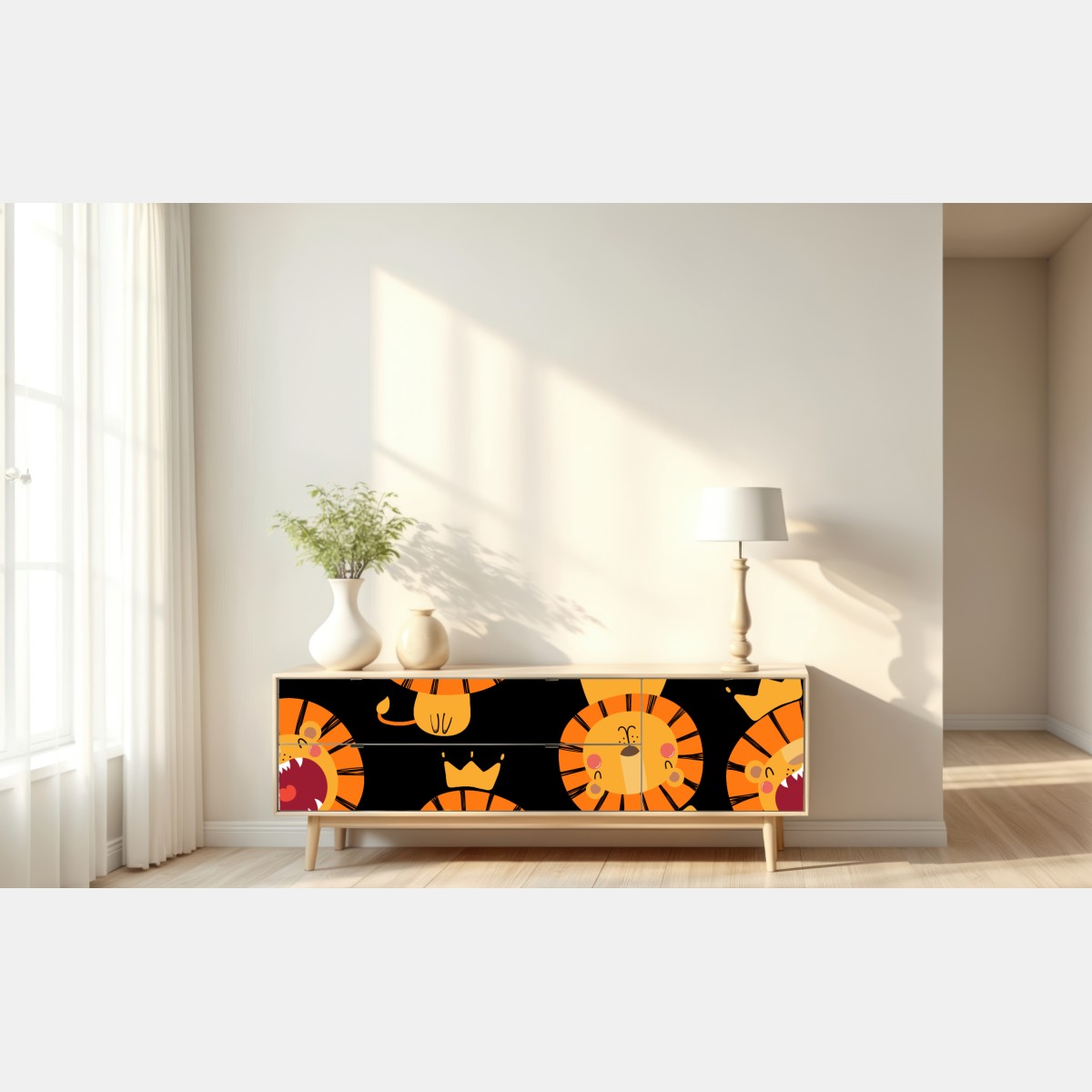 Naklejka repozycjonowalna wesoły wzór lwów na czarnym tle – Wallissimo® Naklejka repozycjonowalna wesoły wzór lwów na czarnym tle – Wallissimo®