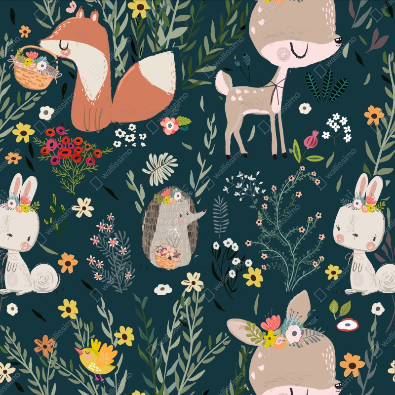 Naklejka repozycjonowalna leśni przyjaciele - kwiatowy wzór do pokoju dziecięcego – Wallissimo® Naklejka repozycjonowalna leśni przyjaciele - kwiatowy wzór do pokoju dziecięcego – Wallissimo®