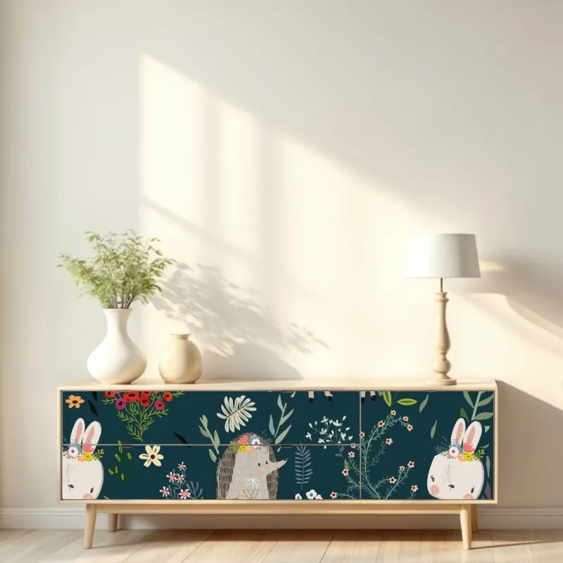 Naklejka repozycjonowalna leśni przyjaciele - kwiatowy wzór do pokoju dziecięcego – Wallissimo® Naklejka repozycjonowalna leśni przyjaciele - kwiatowy wzór do pokoju dziecięcego – Wallissimo®