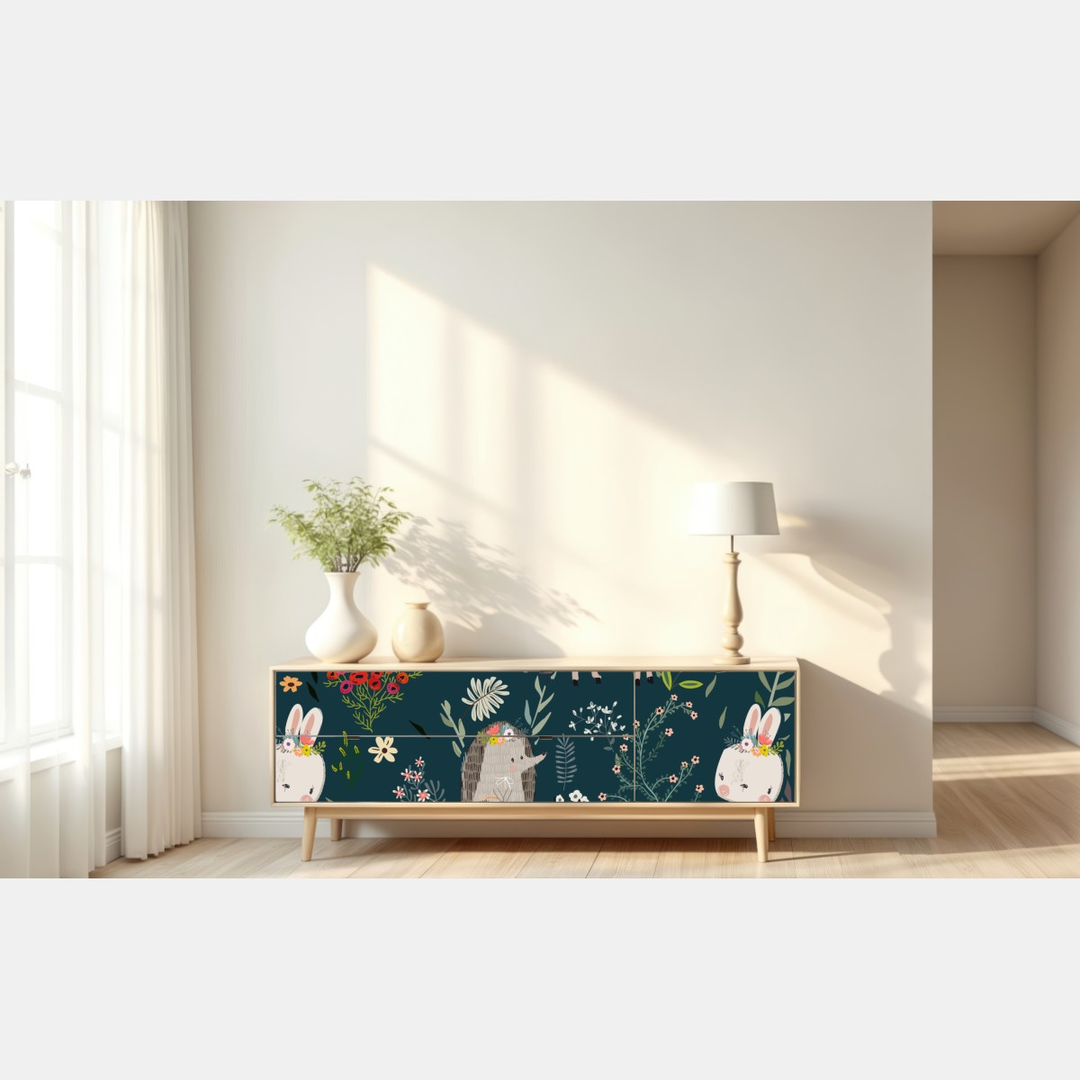 Naklejka repozycjonowalna leśni przyjaciele - kwiatowy wzór do pokoju dziecięcego – Wallissimo® Naklejka repozycjonowalna leśni przyjaciele - kwiatowy wzór do pokoju dziecięcego – Wallissimo®