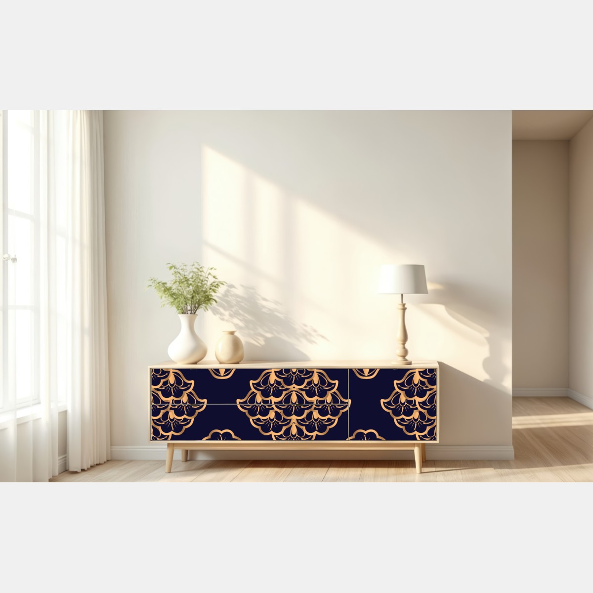 Naklejka repozycjonowalna złoty wzór damaskowy na granatowym tle – Wallissimo® Naklejka repozycjonowalna złoty wzór damaskowy na granatowym tle – Wallissimo®