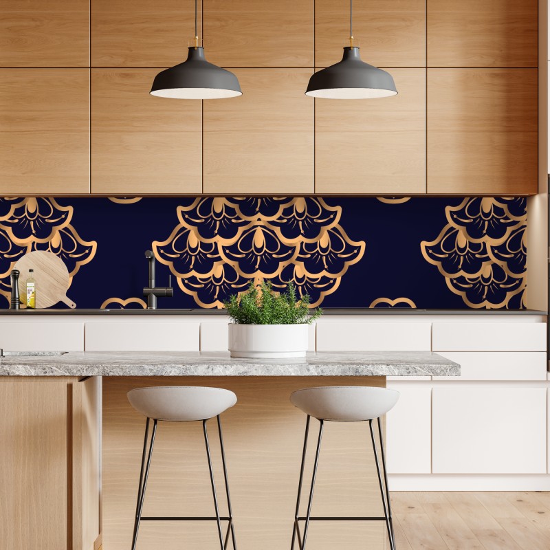 Naklejka repozycjonowalna złoty wzór damaskowy na granatowym tle – Wallissimo® Naklejka repozycjonowalna złoty wzór damaskowy na granatowym tle – Wallissimo®