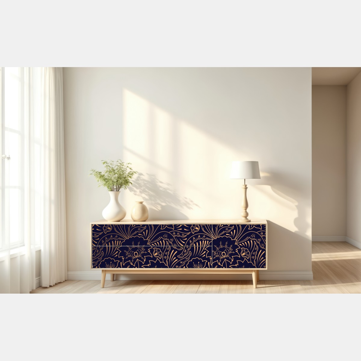 Naklejka repozycjonowalna złoty kwiatowy ornament na granatowym tle – Wallissimo® Naklejka repozycjonowalna złoty kwiatowy ornament na granatowym tle – Wallissimo®
