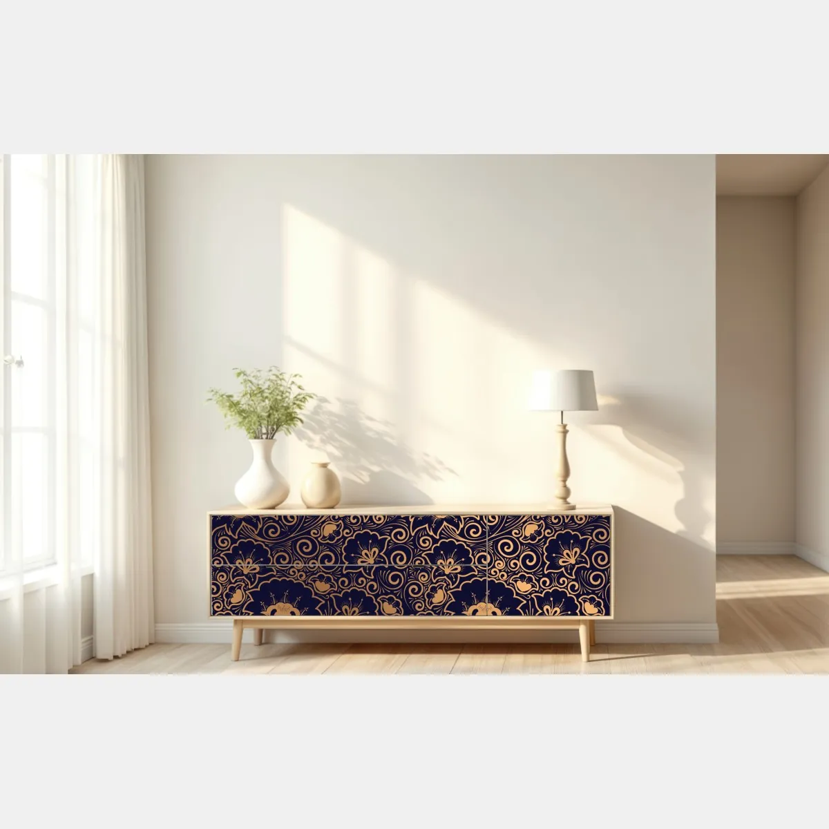 Naklejka repozycjonowalna luksusowy złoty wzór kwiatowy na ciemnym tle – Wallissimo® Naklejka repozycjonowalna luksusowy złoty wzór kwiatowy na ciemnym tle – Wallissimo®