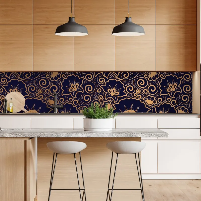 Naklejka repozycjonowalna luksusowy złoty wzór kwiatowy na ciemnym tle – Wallissimo® Naklejka repozycjonowalna luksusowy złoty wzór kwiatowy na ciemnym tle – Wallissimo®