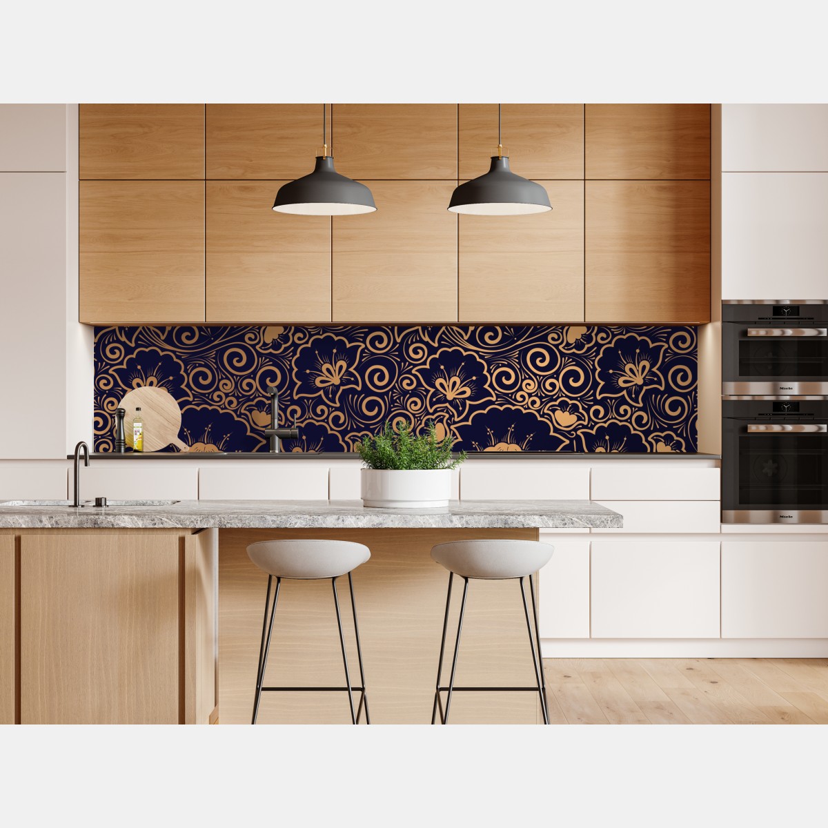 Naklejka repozycjonowalna luksusowy złoty wzór kwiatowy na ciemnym tle – Wallissimo® Naklejka repozycjonowalna luksusowy złoty wzór kwiatowy na ciemnym tle – Wallissimo®