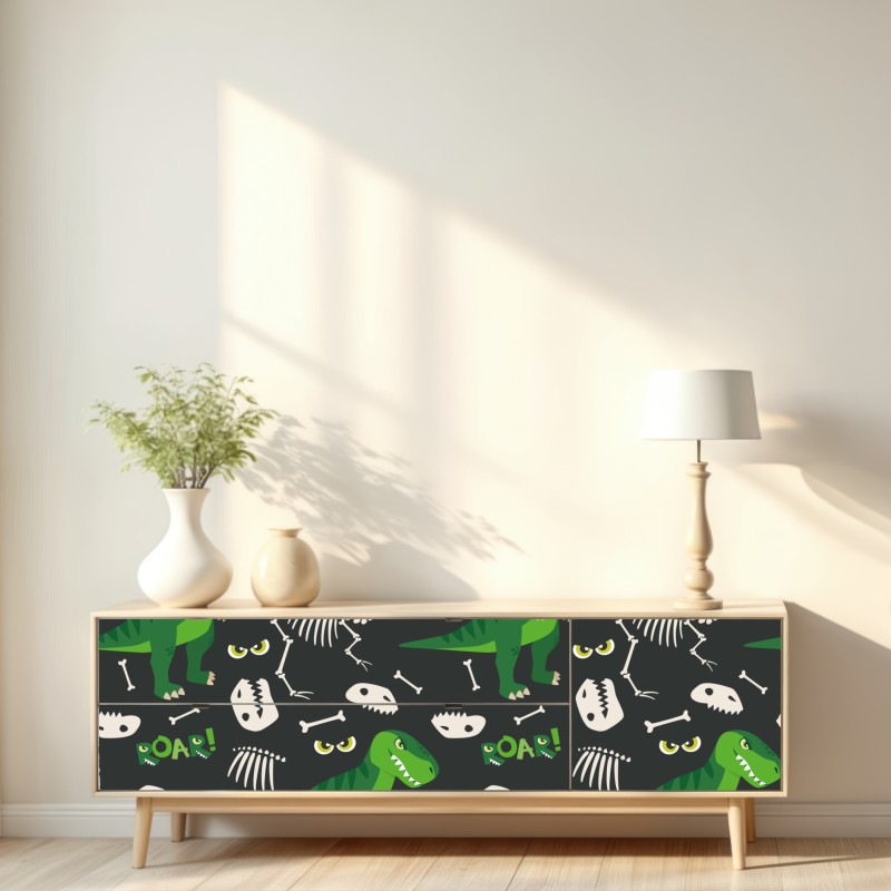 Naklejka repozycjonowalna wesoły zielony t-rex wzór – Wallissimo® Naklejka repozycjonowalna wesoły zielony t-rex wzór – Wallissimo®