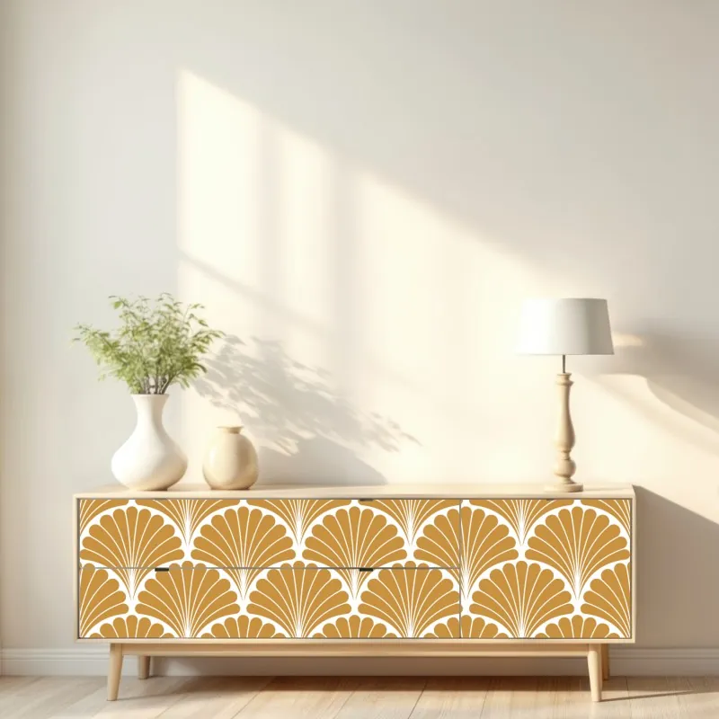 Naklejka repozycjonowalna złoty wzór wachlarza w stylu art deco – Wallissimo® Naklejka repozycjonowalna złoty wzór wachlarza w stylu art deco – Wallissimo®