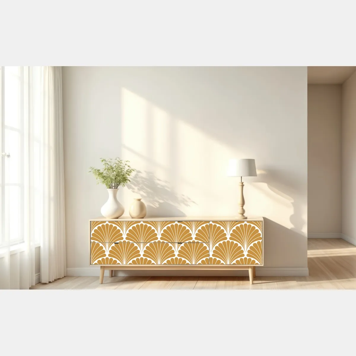 Naklejka repozycjonowalna złoty wzór wachlarza w stylu art deco – Wallissimo® Naklejka repozycjonowalna złoty wzór wachlarza w stylu art deco – Wallissimo®