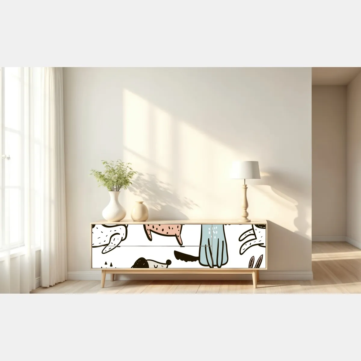 Naklejka repozycjonowalna zabawny pastelowy wzór z psami – Wallissimo® Naklejka repozycjonowalna zabawny pastelowy wzór z psami – Wallissimo®