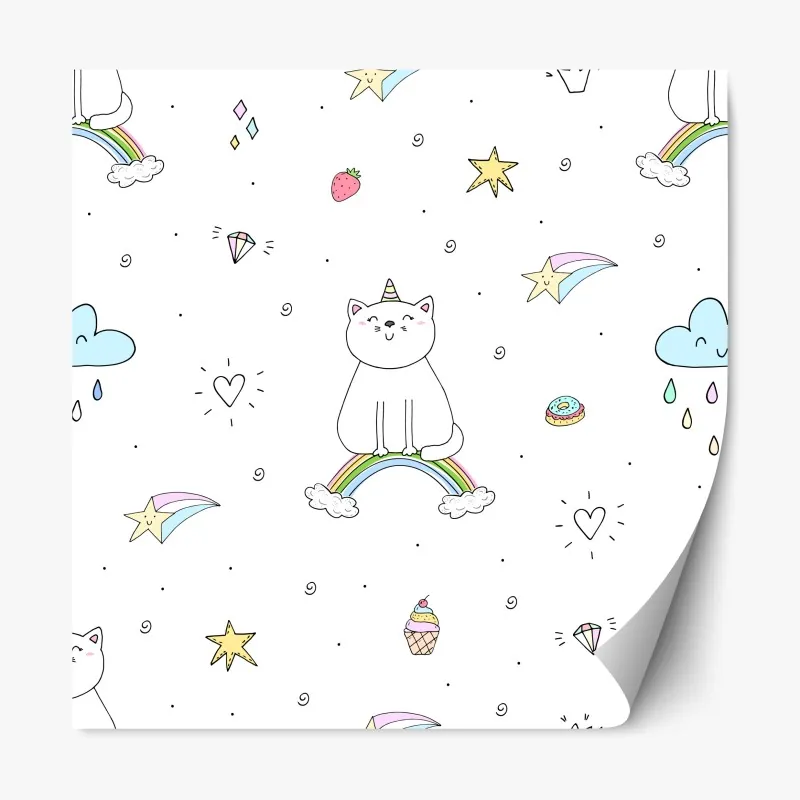Naklejka repozycjonowalna pastelowy kot jednorożec na tęczy