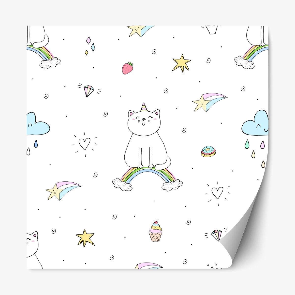 Repositionable sticker pastel unicorn cat and rainbow pattern