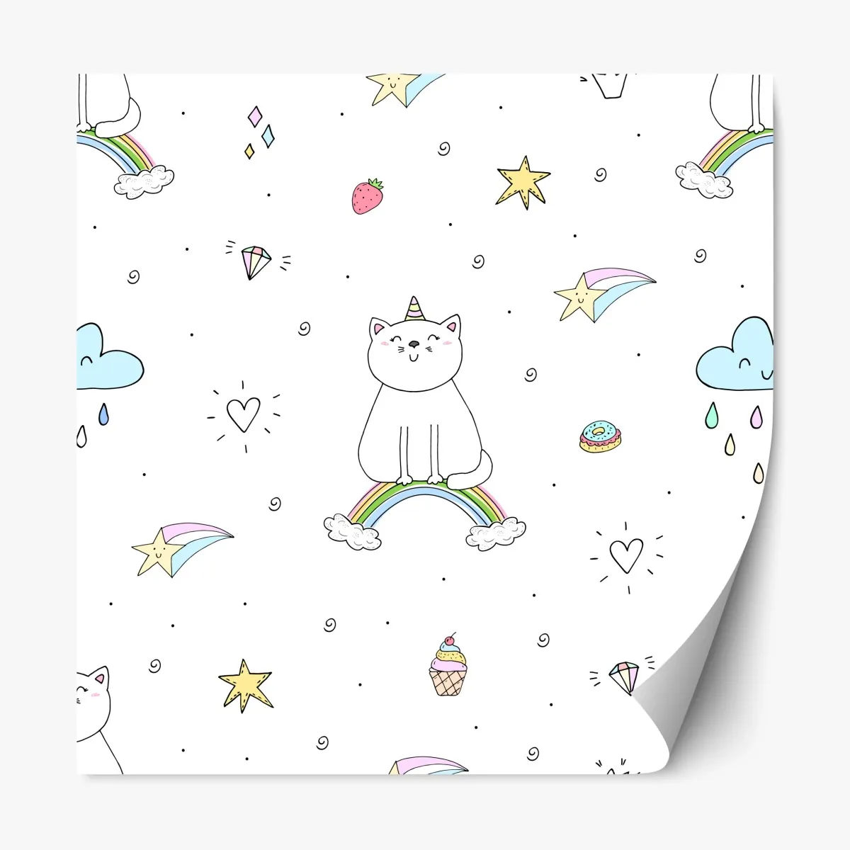 Naklejka repozycjonowalna pastelowy kot jednorożec na tęczy – Wallissimo® Naklejka repozycjonowalna pastelowy kot jednorożec na tęczy – Wallissimo®