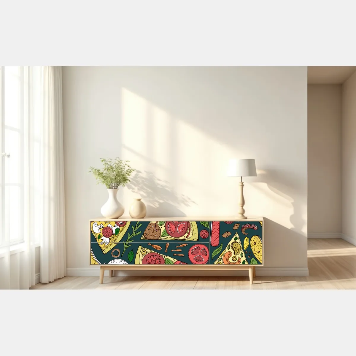 Naklejka repozycjonowalna kolorowy wzór plasterków pizzy – Wallissimo® Naklejka repozycjonowalna kolorowy wzór plasterków pizzy – Wallissimo®