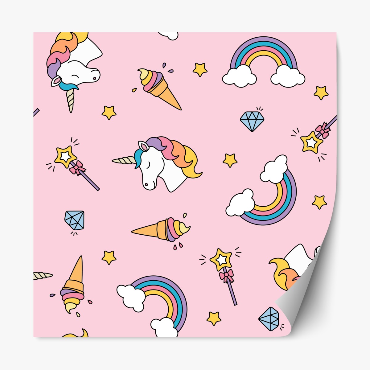 Repositionable sticker pastel unicorns and rainbows pattern