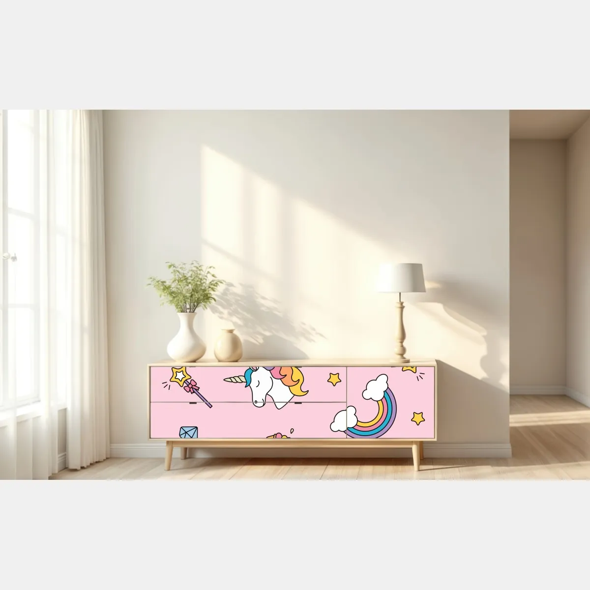 Naklejka repozycjonowalna pastelowy wzór z jednorożcami i tęczami – Wallissimo® Naklejka repozycjonowalna pastelowy wzór z jednorożcami i tęczami – Wallissimo®
