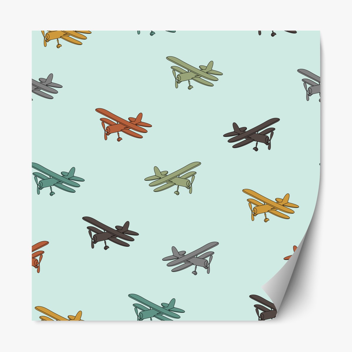 Repositionable sticker vintage biplane pattern on turquoise background