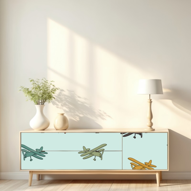 Naklejka repozycjonowalna wzór z dwupłatowcami na turkusowym tle – Wallissimo® Naklejka repozycjonowalna wzór z dwupłatowcami na turkusowym tle – Wallissimo®