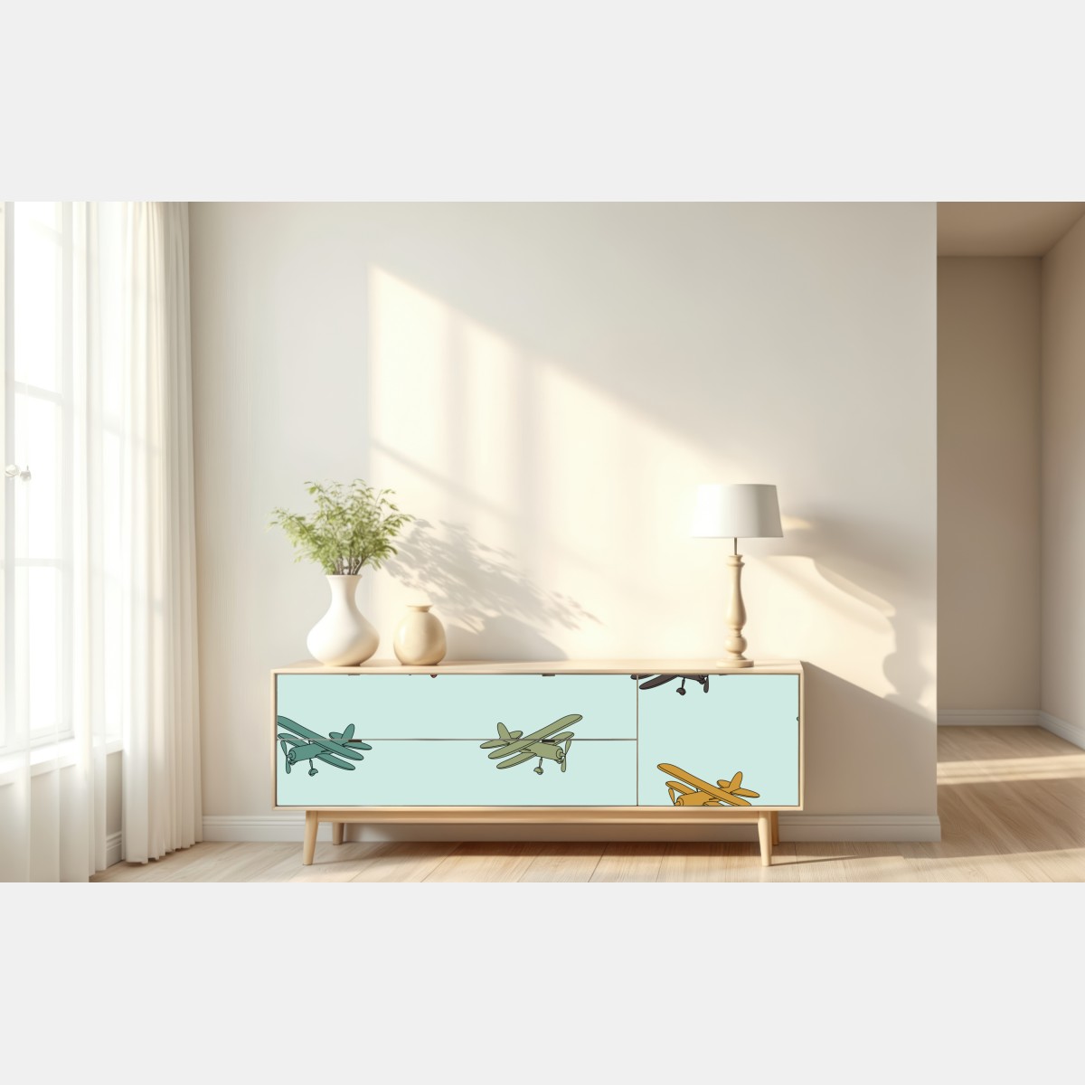 Naklejka repozycjonowalna wzór z dwupłatowcami na turkusowym tle – Wallissimo® Naklejka repozycjonowalna wzór z dwupłatowcami na turkusowym tle – Wallissimo®