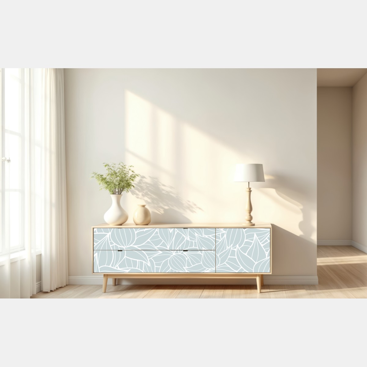 Naklejka repozycjonowalna delikatny turkusowy wzór liści – Wallissimo® Naklejka repozycjonowalna delikatny turkusowy wzór liści – Wallissimo®