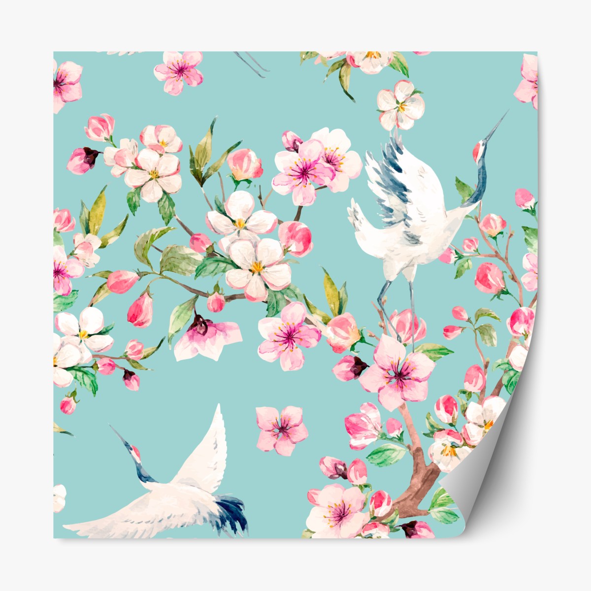 Repositionable sticker turquoise cherry blossom and crane pattern
