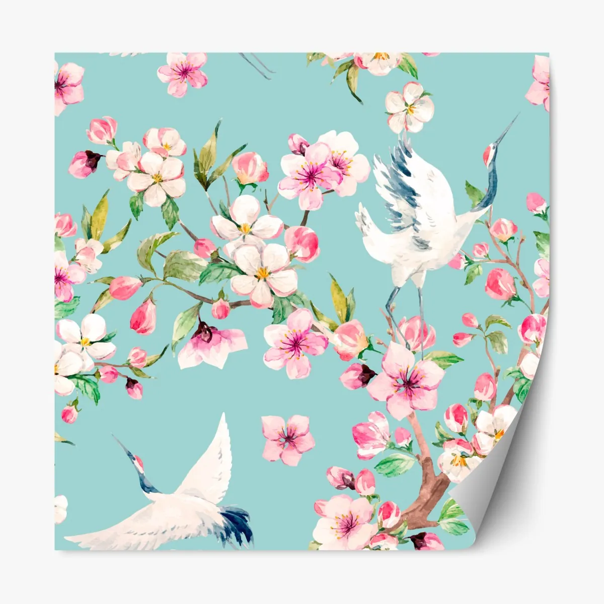 Naklejka repozycjonowalna turkusowy wzór kwitnącej wiśni i żurawia – Wallissimo® Naklejka repozycjonowalna turkusowy wzór kwitnącej wiśni i żurawia – Wallissimo®
