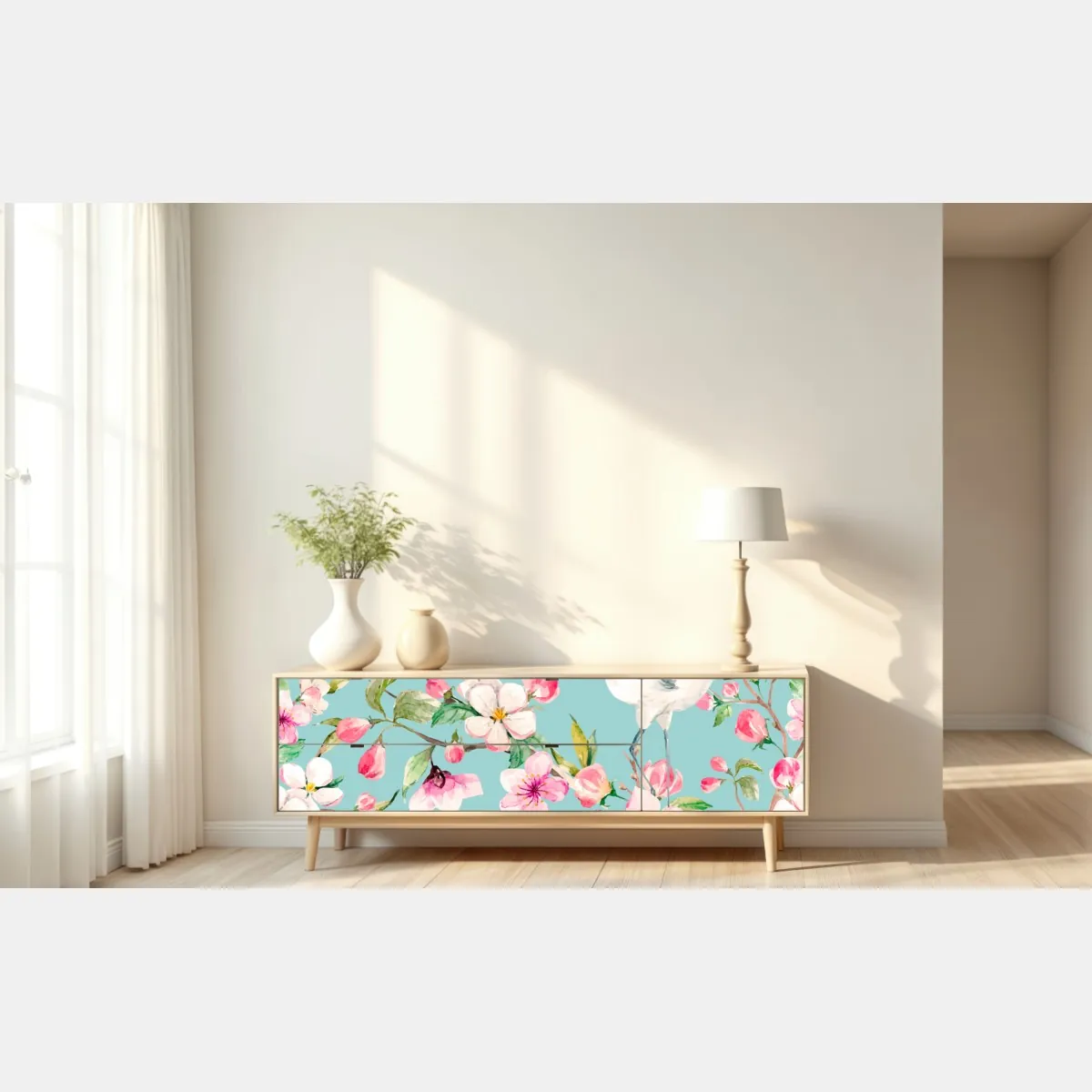 Naklejka repozycjonowalna turkusowy wzór kwitnącej wiśni i żurawia – Wallissimo® Naklejka repozycjonowalna turkusowy wzór kwitnącej wiśni i żurawia – Wallissimo®