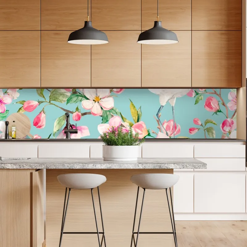 Naklejka repozycjonowalna turkusowy wzór kwitnącej wiśni i żurawia – Wallissimo® Naklejka repozycjonowalna turkusowy wzór kwitnącej wiśni i żurawia – Wallissimo®