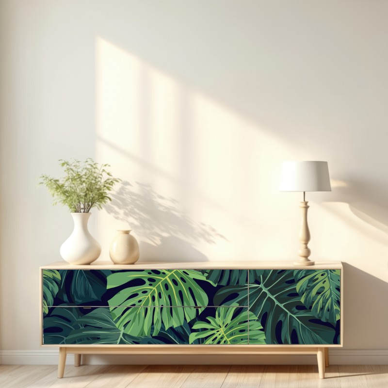 Naklejka repozycjonowalna wzór z tropikalnymi liśćmi monstera – Wallissimo® Naklejka repozycjonowalna wzór z tropikalnymi liśćmi monstera – Wallissimo®