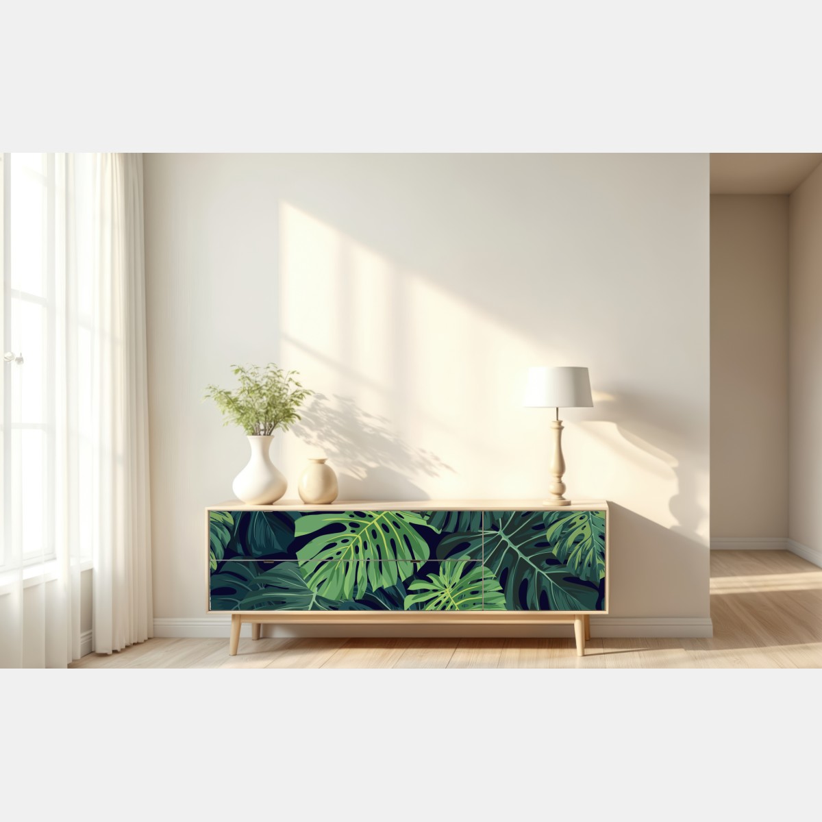 Naklejka repozycjonowalna wzór z tropikalnymi liśćmi monstera – Wallissimo® Naklejka repozycjonowalna wzór z tropikalnymi liśćmi monstera – Wallissimo®