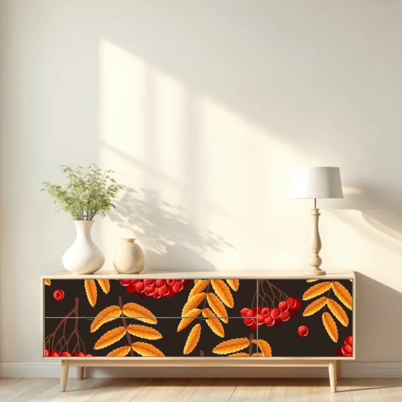 Naklejka repozycjonowalna jesienny wzór z liśćmi jarzębiny – Wallissimo® Naklejka repozycjonowalna jesienny wzór z liśćmi jarzębiny – Wallissimo®