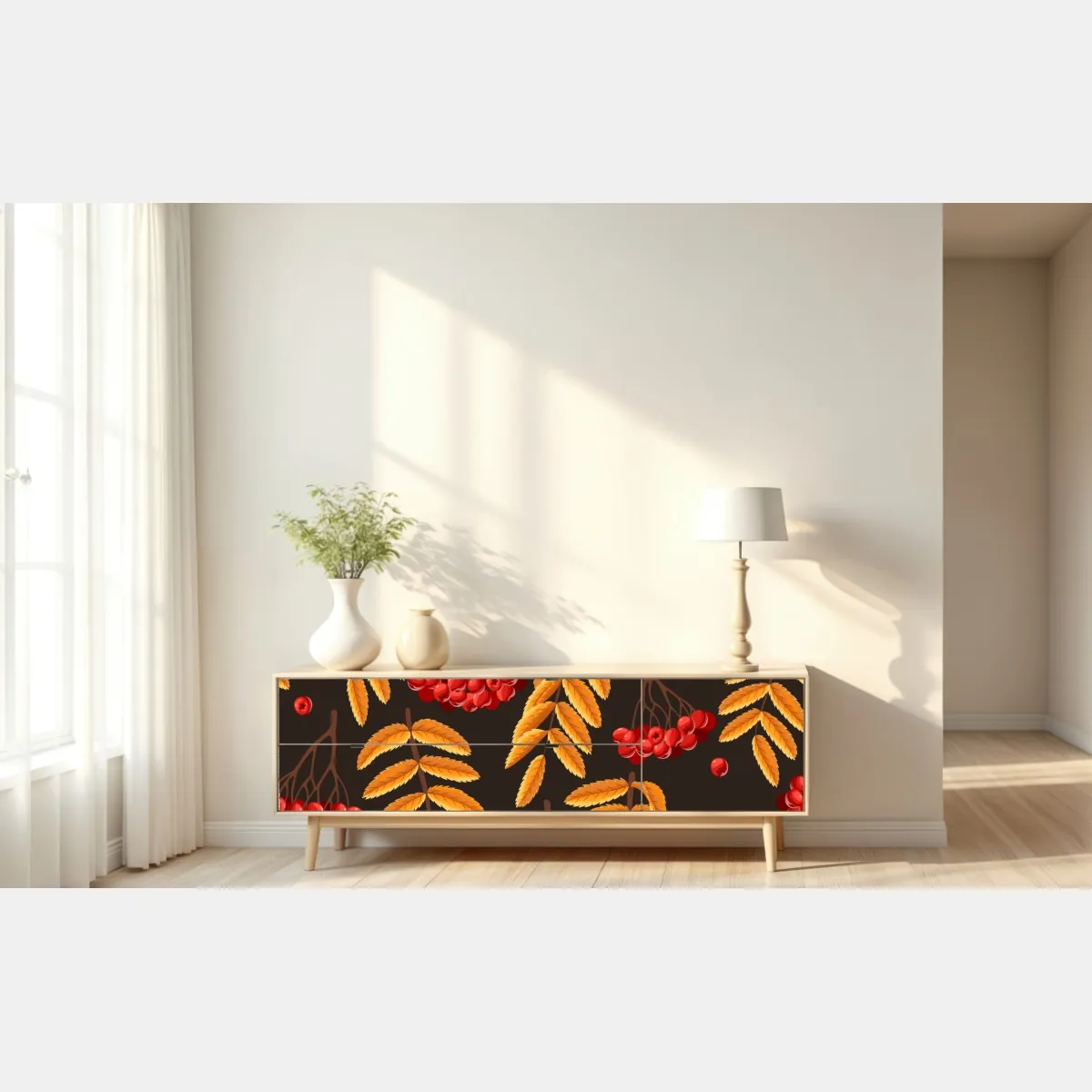 Naklejka repozycjonowalna jesienny wzór z liśćmi jarzębiny – Wallissimo® Naklejka repozycjonowalna jesienny wzór z liśćmi jarzębiny – Wallissimo®