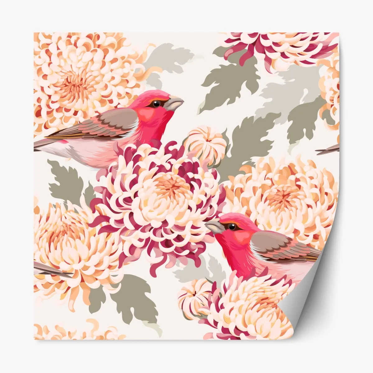 Naklejka repozycjonowalna różowe ptaki i wzór z chryzantemami – Wallissimo® Naklejka repozycjonowalna różowe ptaki i wzór z chryzantemami – Wallissimo®