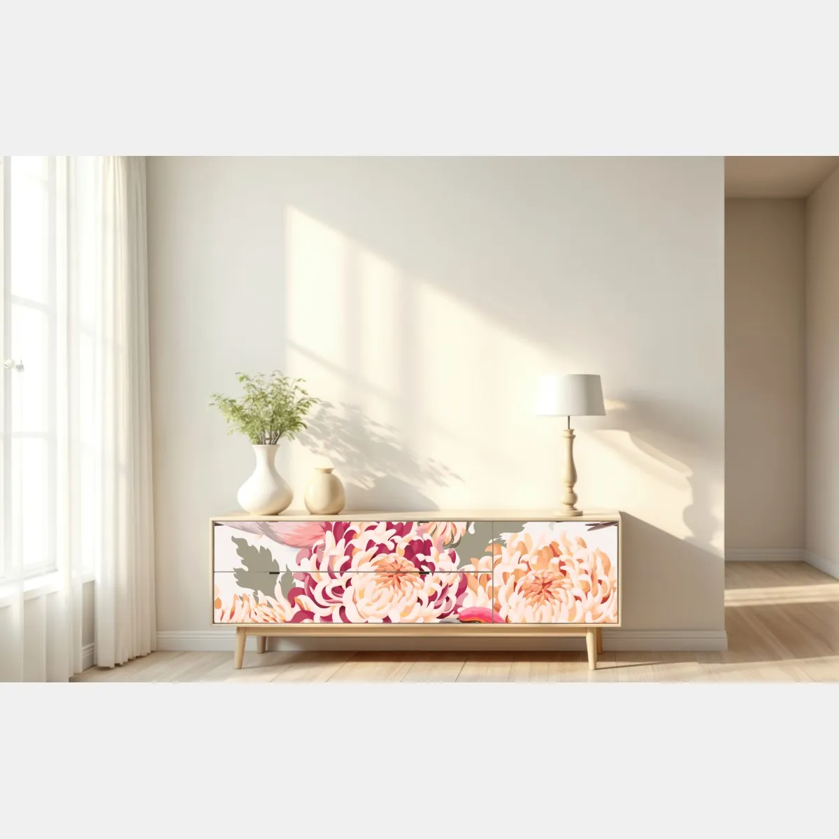 Naklejka repozycjonowalna różowe ptaki i wzór z chryzantemami – Wallissimo® Naklejka repozycjonowalna różowe ptaki i wzór z chryzantemami – Wallissimo®