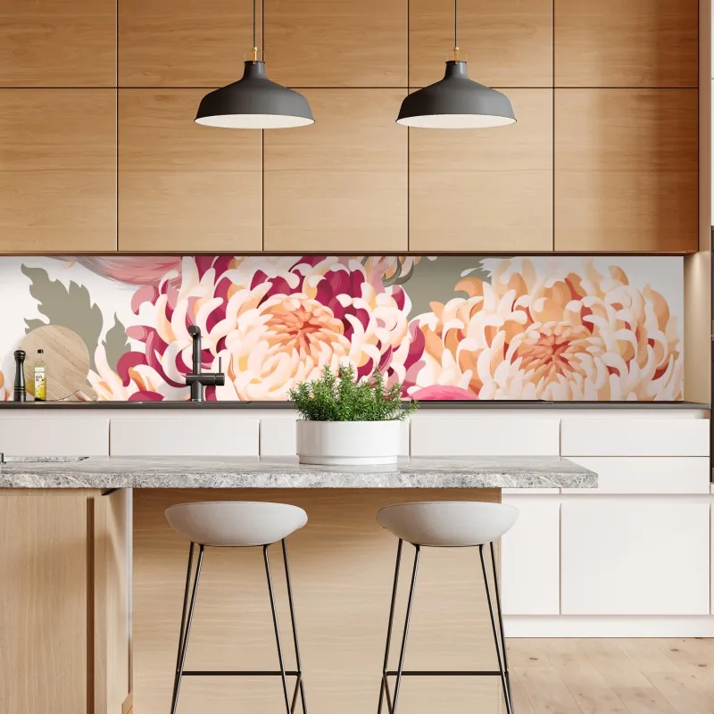 Naklejka repozycjonowalna różowe ptaki i wzór z chryzantemami – Wallissimo® Naklejka repozycjonowalna różowe ptaki i wzór z chryzantemami – Wallissimo®