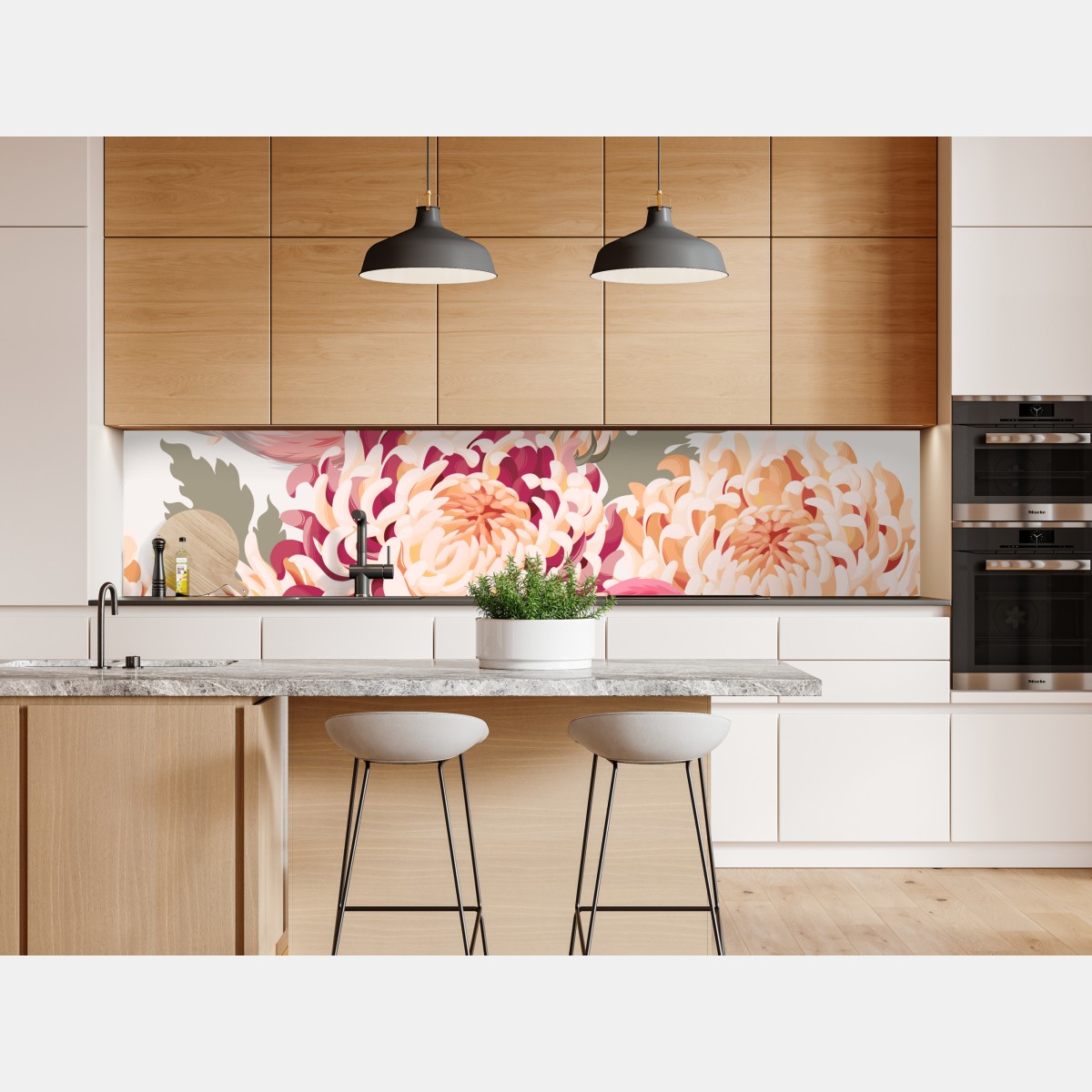 Naklejka repozycjonowalna różowe ptaki i wzór z chryzantemami – Wallissimo® Naklejka repozycjonowalna różowe ptaki i wzór z chryzantemami – Wallissimo®