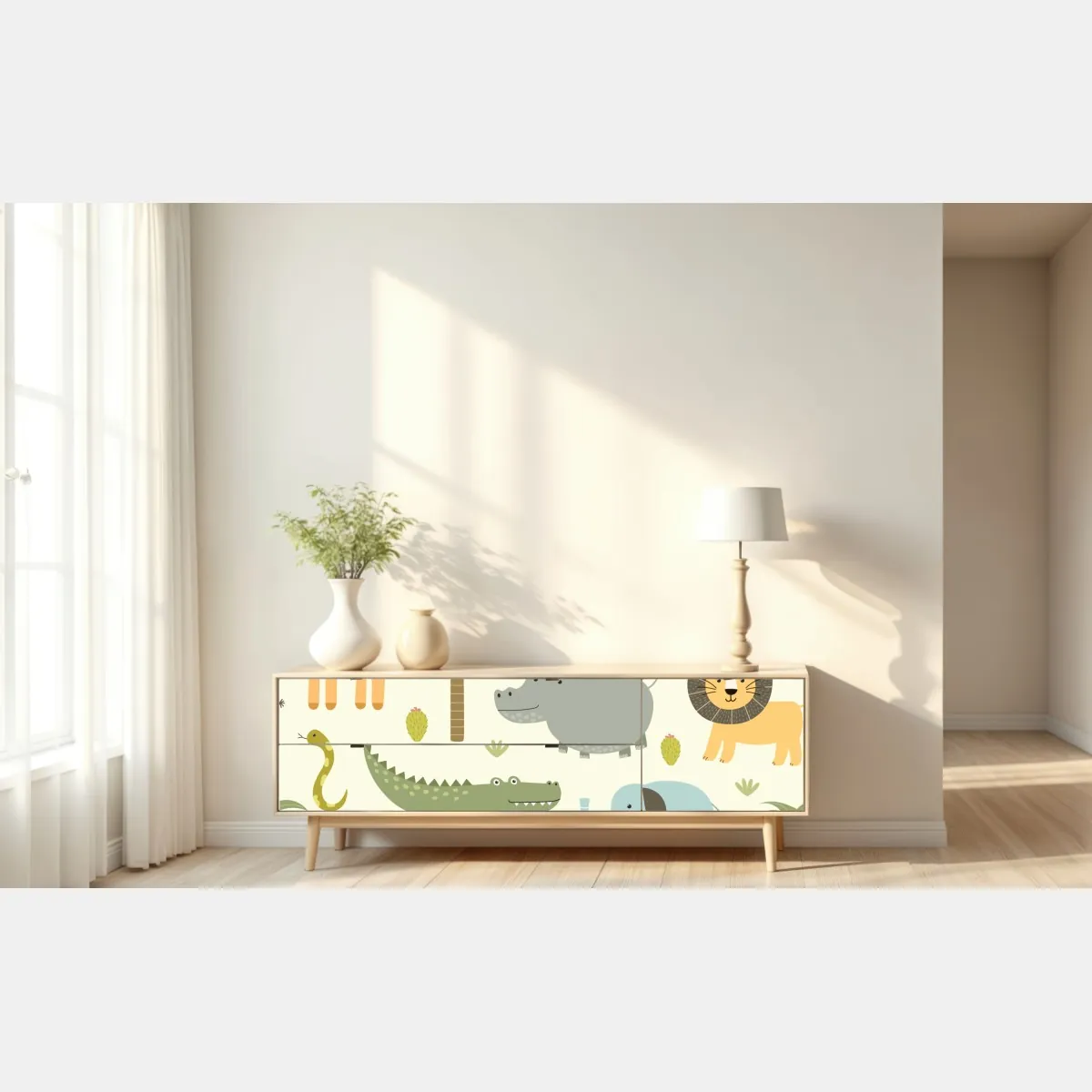 Naklejka repozycjonowalna pastelowy wzór zwierząt safari – Wallissimo® Naklejka repozycjonowalna pastelowy wzór zwierząt safari – Wallissimo®