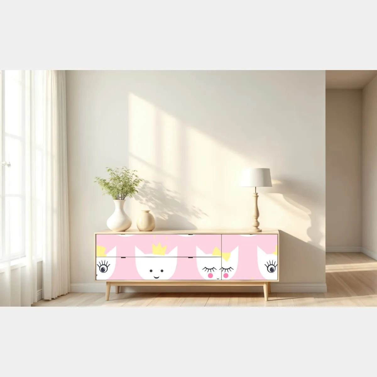 Naklejka repozycjonowalna różowy wzór z kocimi buźkami – Wallissimo® Naklejka repozycjonowalna różowy wzór z kocimi buźkami – Wallissimo®